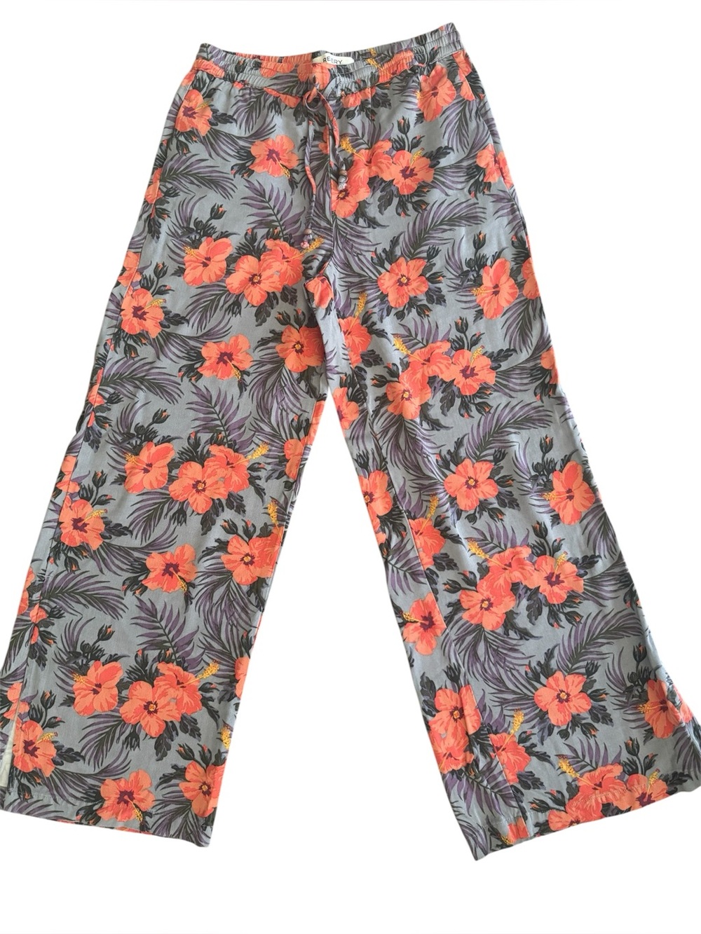 Revery Tropical Hibiscus Floral Wide Leg Side Slit Pants Gray Orange S
